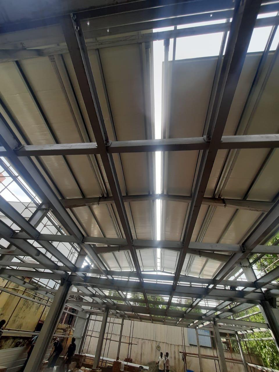 Interior view of insulated roof sheeting and translucent skylights